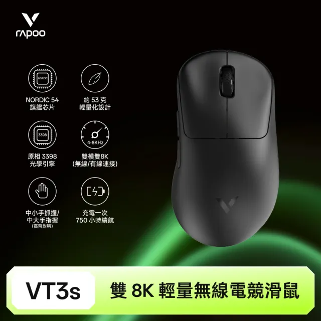 【rapoo 雷柏】VT3S 輕量雙模雙8K人體工學電競滑鼠