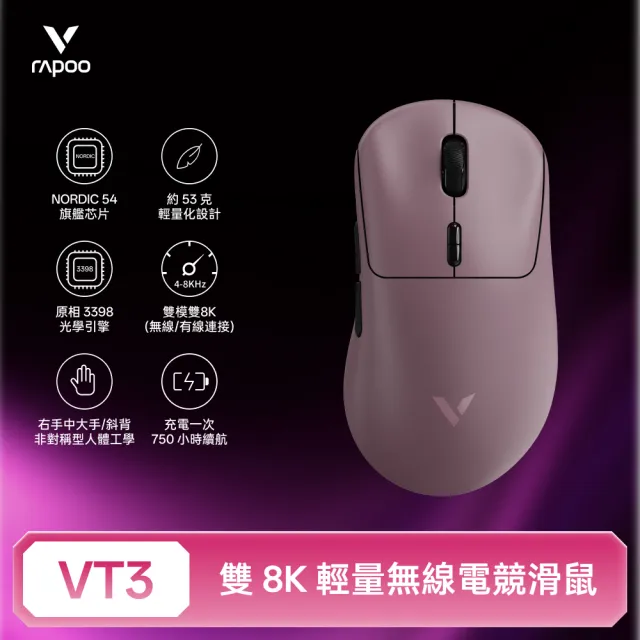 【rapoo 雷柏】VT3 輕量雙模雙8K人體工學電競滑鼠