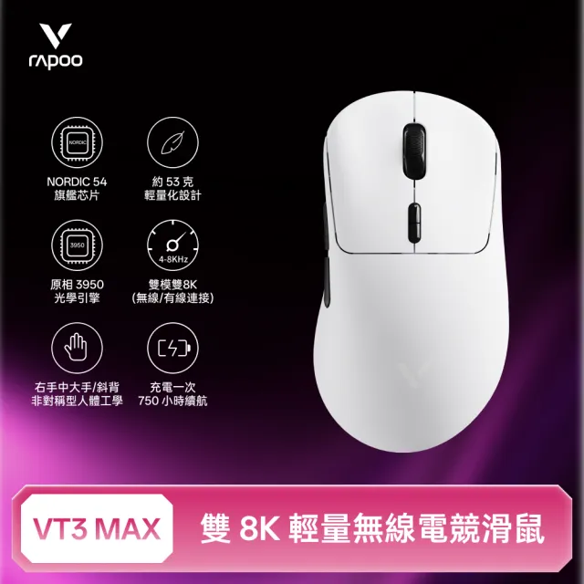 【rapoo 雷柏】VT3 MAX 輕量雙模雙8K人體工學電競滑鼠