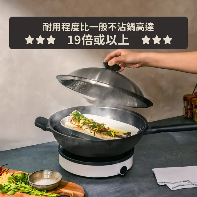 【MEYER 美亞】全黑陽極陶瓷 炒鍋32cm 含鍋蓋 不沾鍋 鎧甲系列(IH/電磁爐適用)