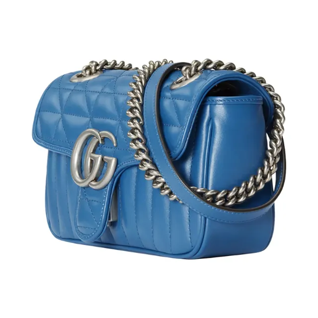 【GUCCI 古馳】446744 經典GG Marmont絎縫系列銀釦掀蓋肩背/斜背包(全新展示品-藍色)