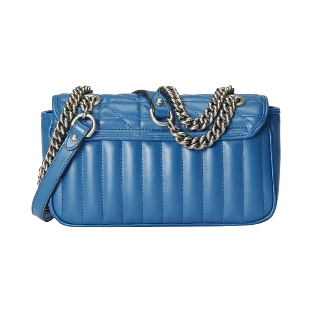 【GUCCI 古馳】446744 經典GG Marmont絎縫系列銀釦掀蓋肩背/斜背包(全新展示品-藍色)