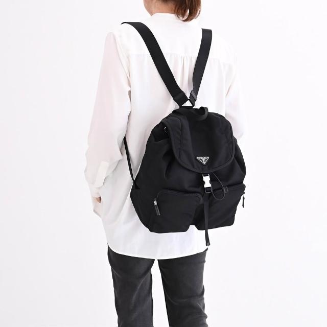 【PRADA 普拉達】復刻版新款經典三角LOGO尼龍翻蓋束口後背包(黑 大款)