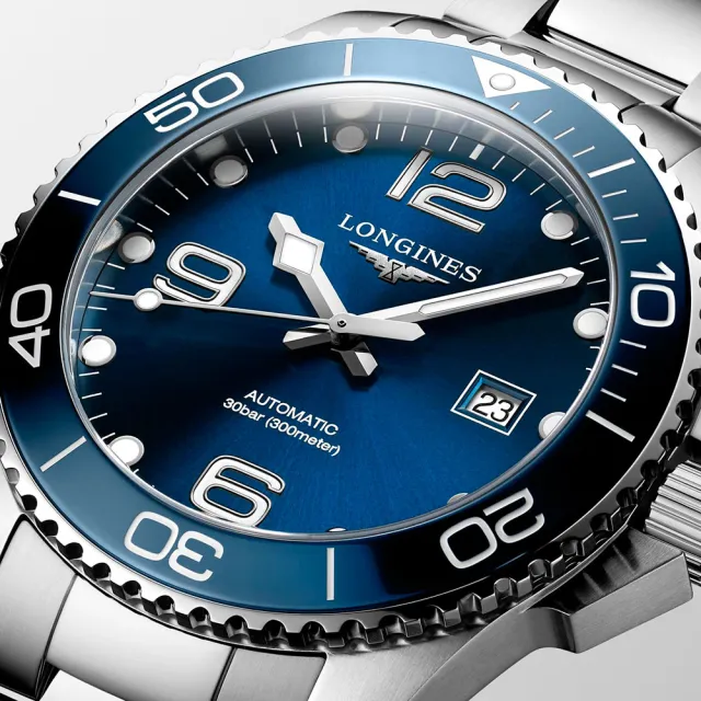 【LONGINES 浪琴】藍水鬼 深海征服者浪鬼陶瓷潛水機械錶-藍x銀/43mm(L3.782.4.96.6)