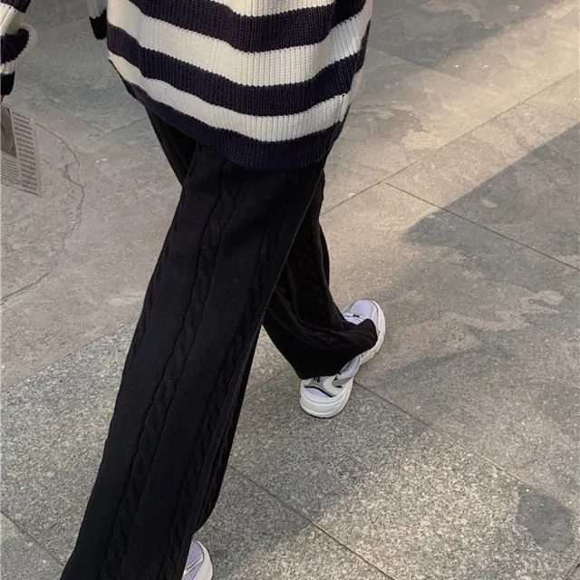 【AS 梨卡】女裝 長褲 拖地褲 直筒褲 麻花 針織 闊腿褲女 毛線直筒褲 顯瘦 秋冬長褲 ES122