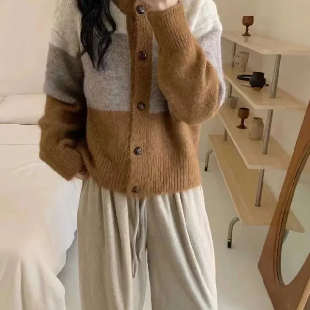 【AS 梨卡】女裝 外套 毛衣 針織 條紋毛衣 秋冬外套 復古慵懶風 設計感百搭 舒適針織 ES035