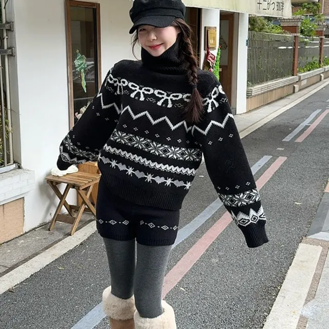 【AS 梨卡】女裝 套裝 毛衣 短褲 針織 兩件式套裝 高領針織 冬天套裝 顯瘦短褲 ES3618