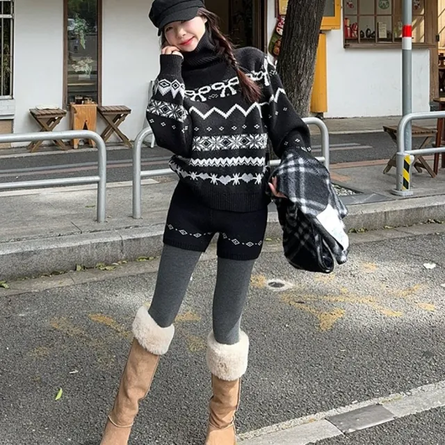 【AS 梨卡】女裝 套裝 毛衣 短褲 針織 兩件式套裝 高領針織 冬天套裝 顯瘦短褲 ES3618