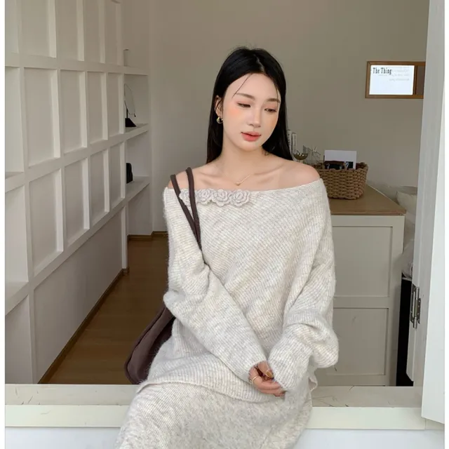 【AS 梨卡】女裝 套裝 連身裙 連身長裙 毛衣 長裙 針織 慵懶顯瘦針織 立體花朵 ES3199