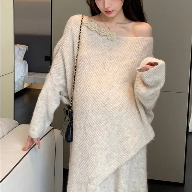 【AS 梨卡】女裝 套裝 連身裙 連身長裙 毛衣 長裙 針織 慵懶顯瘦針織 立體花朵 ES3199