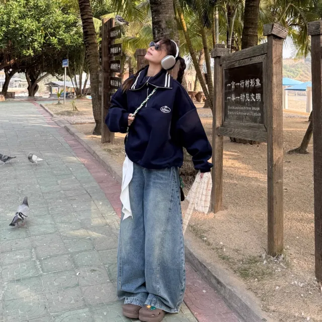 【AS 梨卡】女裝 長褲 牛仔褲 高腰寬鬆牛仔褲 彎刀褲 美式復古 闊腿刷白 顯瘦拖地長褲GA9509