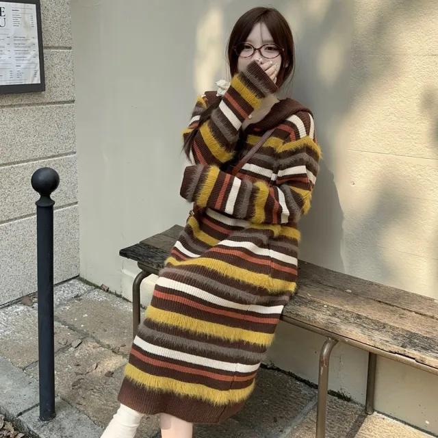 【AS 梨卡】女裝 外套 連身裙 連身長裙 長裙 洋裝 條紋洋裝 連帽洋裝 保暖外套 ES0569