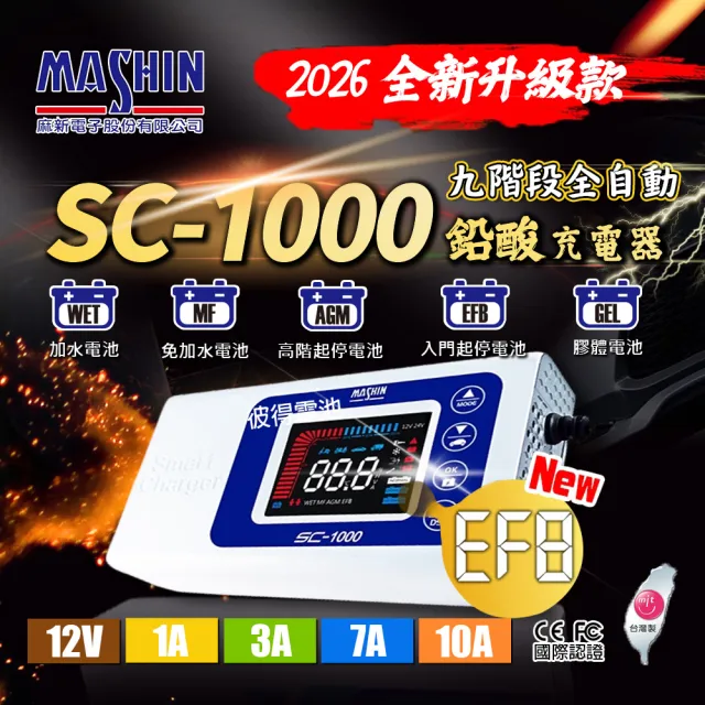 【麻新電子】SC-1000智能型鉛酸電池充電器(機車 重機 汽車 貨車 適用12V 保固一年)
