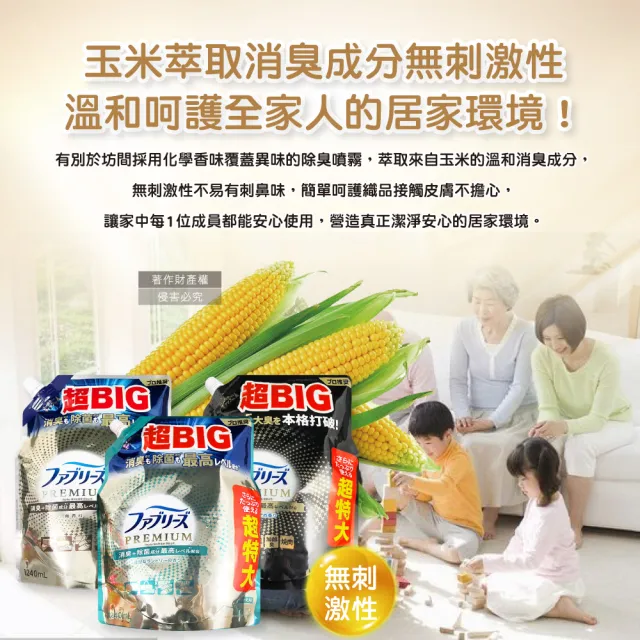 【Febreze】日本Febreze-高消臭力3D浸透織品除臭噴霧補充包1240ml/袋(寵物貓狗環境清潔衣物香氛鞋靴消臭劑