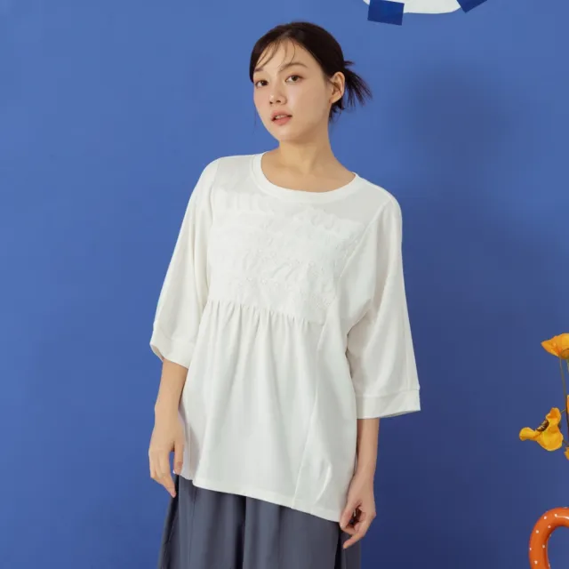 【MOSS CLUB】蕾絲拼接氣質圓領上衣 藍 白