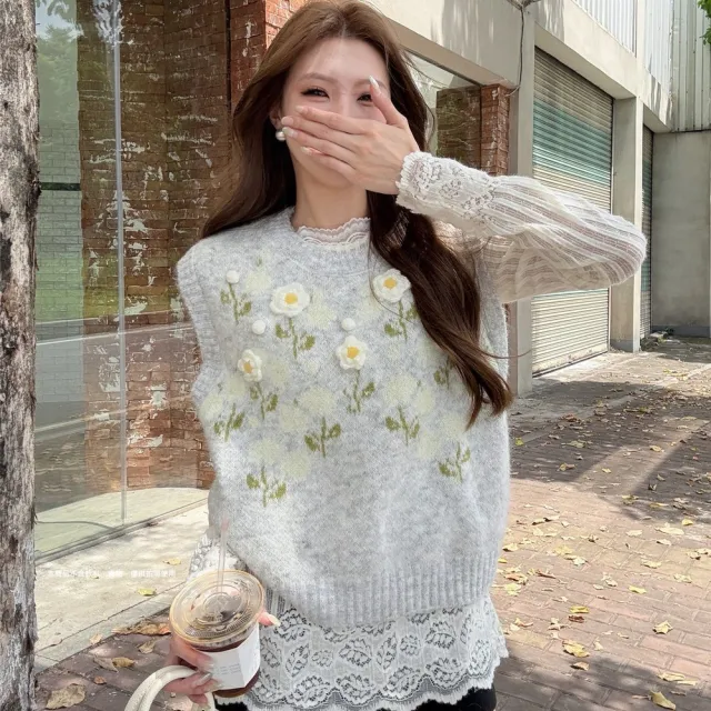 【AS 梨卡】女裝 外套 背心 毛衣 立體花朵 氣質背心 百搭外套 顯瘦背心 舒適外套 ES037