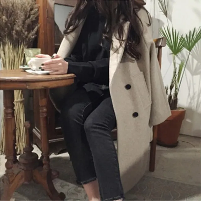 【AS 梨卡】女裝 毛呢外套 毛呢大衣 西裝領 雙排釦長版外套 保暖外套 百搭外套 BR1022