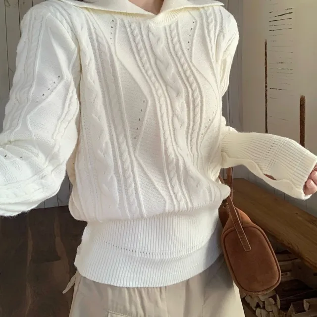 【AS 梨卡】女裝 毛衣 針織 上衣 翻領毛衣 麻花毛衣 秋冬毛衣 圓領針織 顯瘦針織 ES043