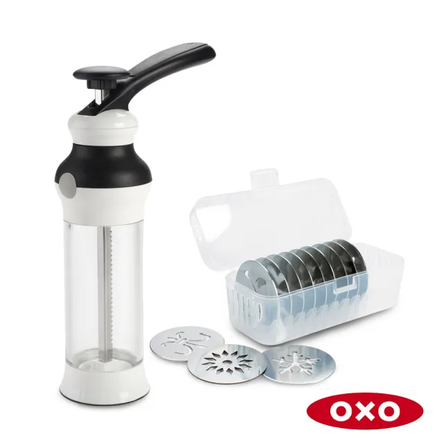 【OXO】手工餅乾擠壓器 附贈12款造型不鏽鋼模盤(加碼送 聖誕歡樂組模型盤/矽膠餅乾鏟 2選1)