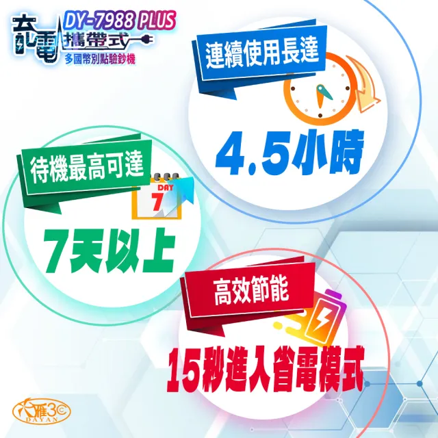【DAYAN 大雁】DY-7988PLUS 充電攜帶式多國幣別點驗鈔機(多國幣別 充電外出用 混鈔合計金額)