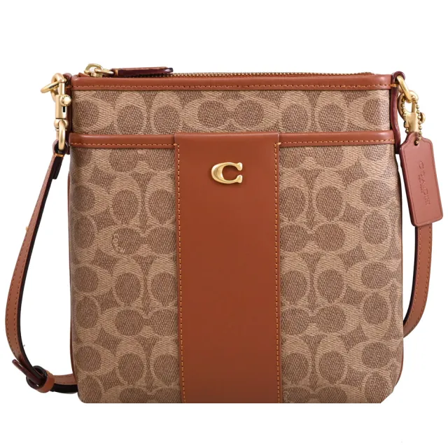 【COACH】Kitt 經典C字LOGO條紋印花方包斜背包(駝/紅棕)