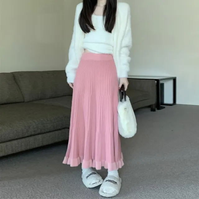 【AS 梨卡】女裝  百褶裙 A字裙 A字長裙 傘裙 長裙 針織長裙 半身裙 百搭 DR406