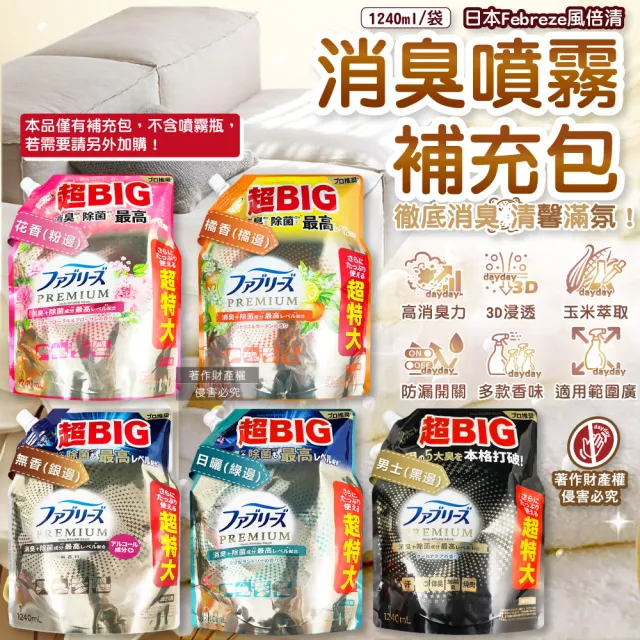 【Febreze】日本Febreze-高消臭力3D浸透織品除臭噴霧補充包1240ml/袋(美容家電儀器保濕噴霧香氛鞋靴消臭劑