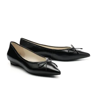 【HELENE_SPARK】簡約氣質純色蝴蝶結全真皮尖頭平底鞋(黑)