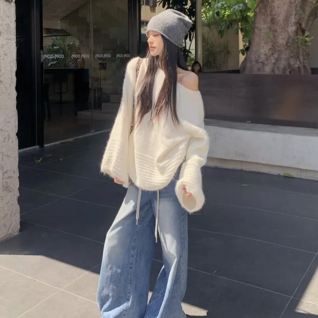 【AS 梨卡】女裝 毛衣 針織 長袖 露肩斜肩 寬鬆百搭毛衣 燈籠袖上衣 韓系上衣 針織上衣ES413