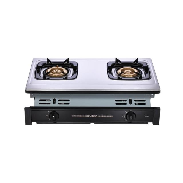 SAKURA櫻花牌 G-6201 雙口瓦斯爐,採用臺灣製造不鏽鋼爐臺與鋁銅合金爐頭,傳統外擴火焰設計提供均勻加熱。壓電式自動點火,能源效率第一級,瓦斯消耗量9~10kW,適用天然氣或桶裝瓦斯。機體尺寸(含爐架)710 x 450 x 225 mm,挖孔尺寸670 x 325 mm,標準安裝保固1年,BSMI許可R51085。 SAKURA櫻花牌 G-6201