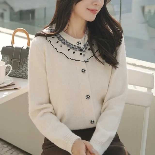 【baibeauty 白鳥麗子】上衣．韓系甜美荷葉領蕾絲滾邊針織開衫