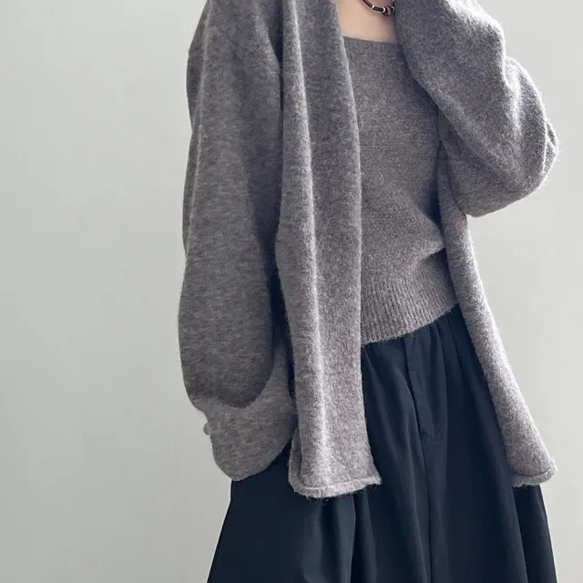 【AS 梨卡】女裝 外套 背心 套裝 吊帶 針織 寬鬆外套 韓版套裝 百搭毛衣 舒適背心 ES095
