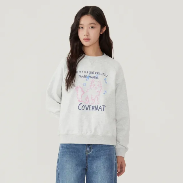 【COVERNAT】女款貓咪印花大學T(WMS大學T 圓領上衣 混灰/炭灰色)