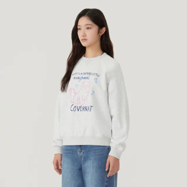 【COVERNAT】女款貓咪印花大學T(WMS大學T 圓領上衣 混灰/炭灰色)