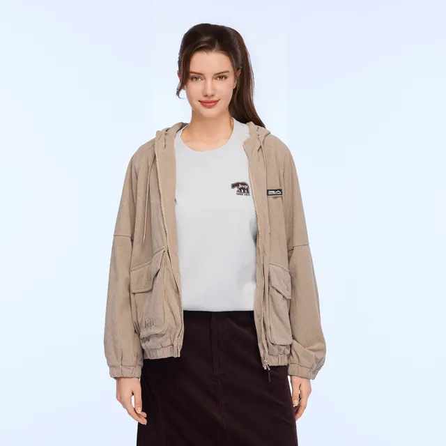 【JEEP】女裝 燈心絨刷毛連帽外套-卡其色