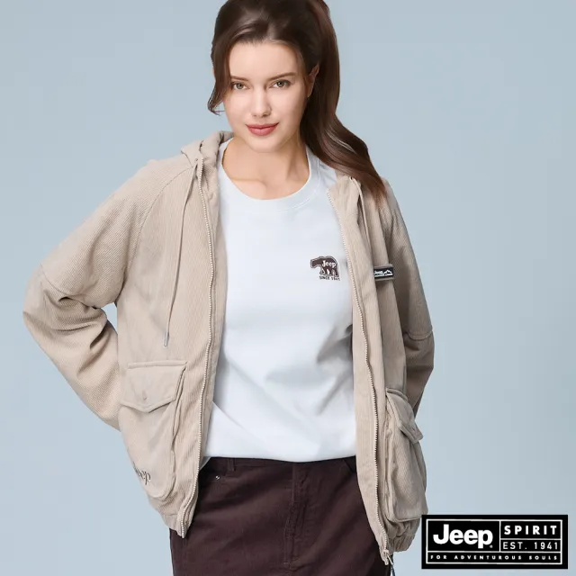 【JEEP】女裝 燈心絨刷毛連帽外套-卡其色