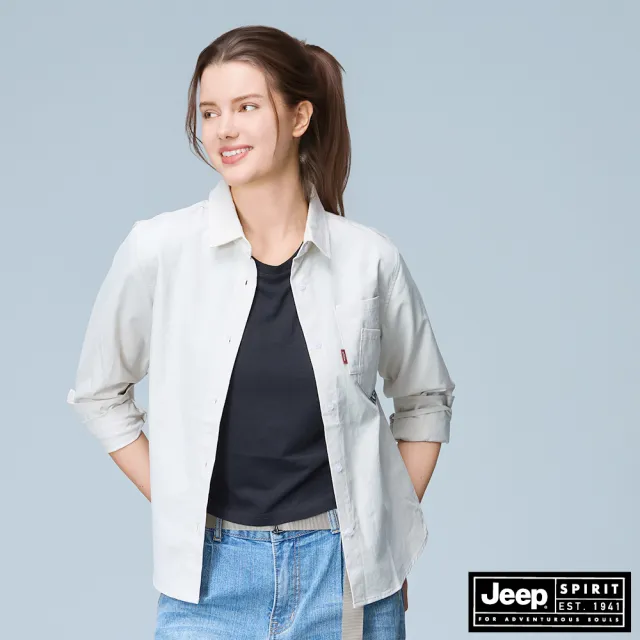 【JEEP】女裝 不對稱雙口袋長袖襯衫-杏色