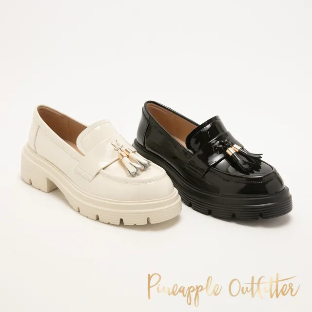 【Pineapple Outfitter】鏡面流蘇真皮厚底樂福鞋ELIYA(鏡黑色)