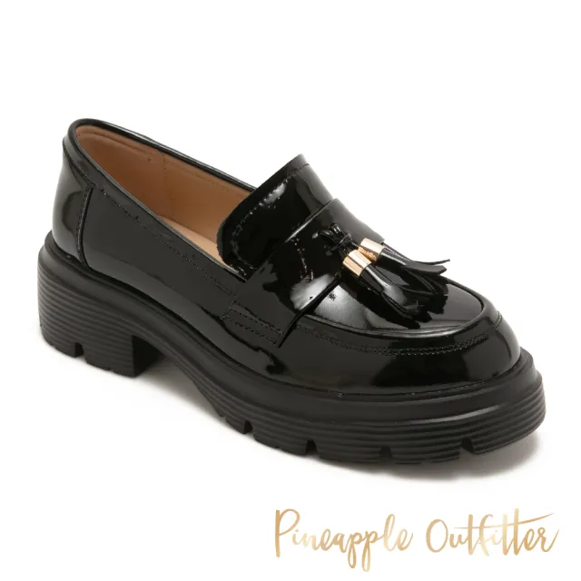 【Pineapple Outfitter】鏡面流蘇真皮厚底樂福鞋ELIYA(鏡黑色)