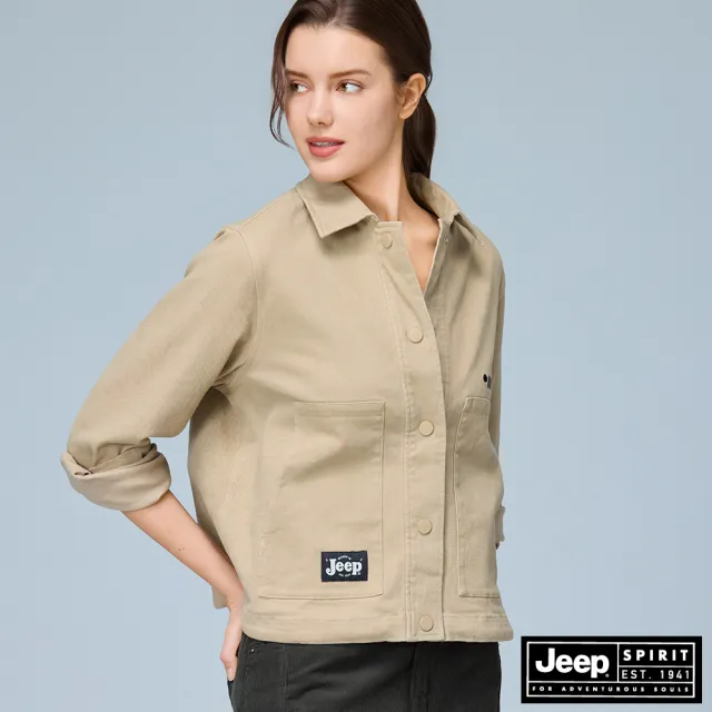 【JEEP】女裝 水洗短版長袖夾克襯衫-卡其色