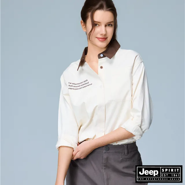 【JEEP】女裝 跳色領片寬版夾克襯衫-米色