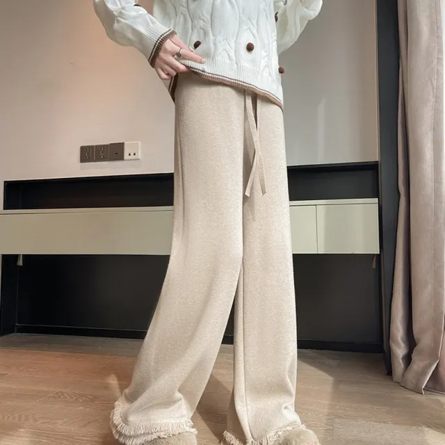【AS 梨卡】女裝 長褲 闊腿褲 休閒褲 流蘇毛毛褲 高腰長褲 寬鬆抽繩褲 百搭保暖褲 DR720