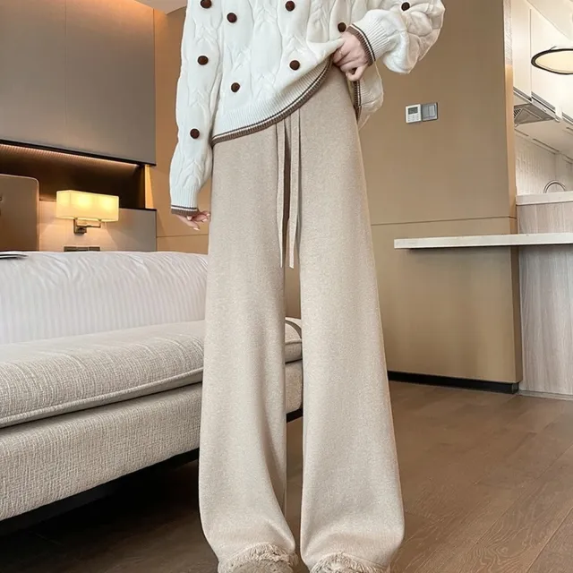 【AS 梨卡】女裝 長褲 闊腿褲 休閒褲 流蘇毛毛褲 高腰長褲 寬鬆抽繩褲 百搭保暖褲 DR720
