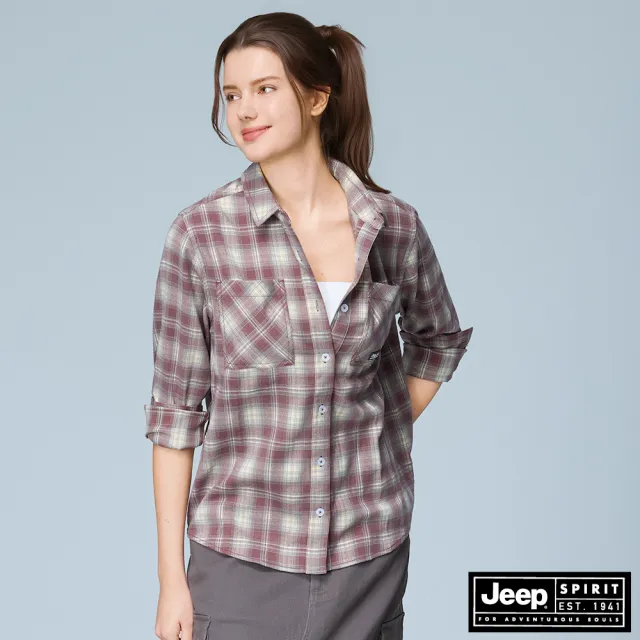 【JEEP】女裝 休閒風格紋長袖襯衫-紅色