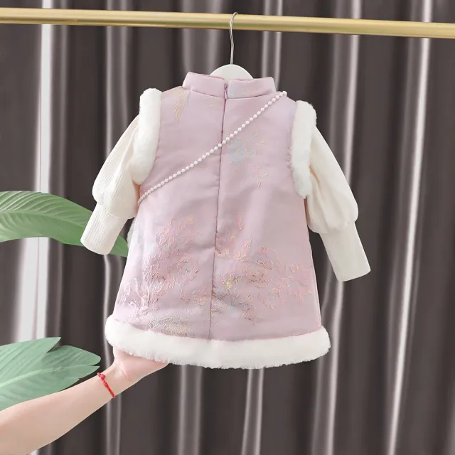 【橘魔法】粉金繡鶴旗袍背心裙套裝 附包包 女童 兒童 童裝 厚款 長版上衣 連身裙 旗袍 拜年服 過年 新年