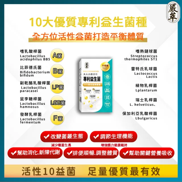 【嚴萃】專利350億益生菌-10種益菌+75種蔬果酵素-1入/共30粒(LP專利活性益菌、調整順暢消化)