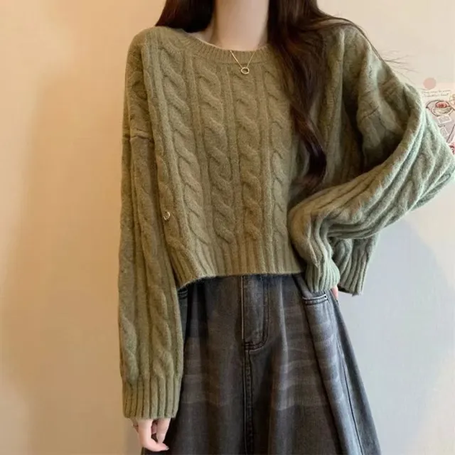 【AS 梨卡】女裝 毛衣 圓領套頭 麻花針織 毛衣短版 秋冬針織 保暖毛衣 短版針織 顯瘦 DR719
