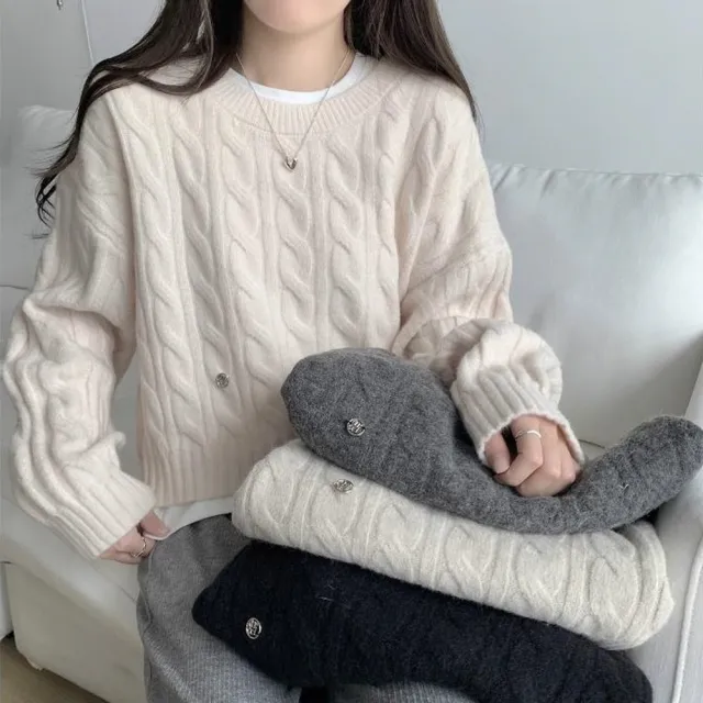【AS 梨卡】女裝 毛衣 圓領套頭 麻花針織 毛衣短版 秋冬針織 保暖毛衣 短版針織 顯瘦 DR719
