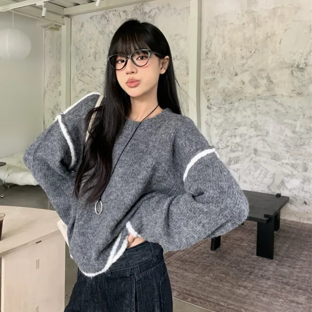 【AS 梨卡】女裝 ☆☆毛衣 針織衫 上衣 長袖毛衣 秋冬圓領 舒適毛衣 保暖上衣 慵懶毛衣DR702