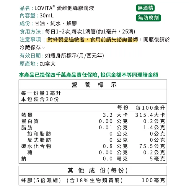 【LOVITA 愛維他】即期品-買1送1_加拿大蜂膠滴液 30ml(18%生物類黃酮)